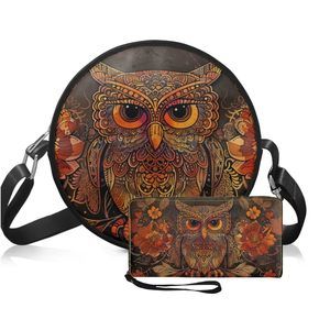 Owl Print Round Crossbody Purse Set With Zier Closure, Circle ;)